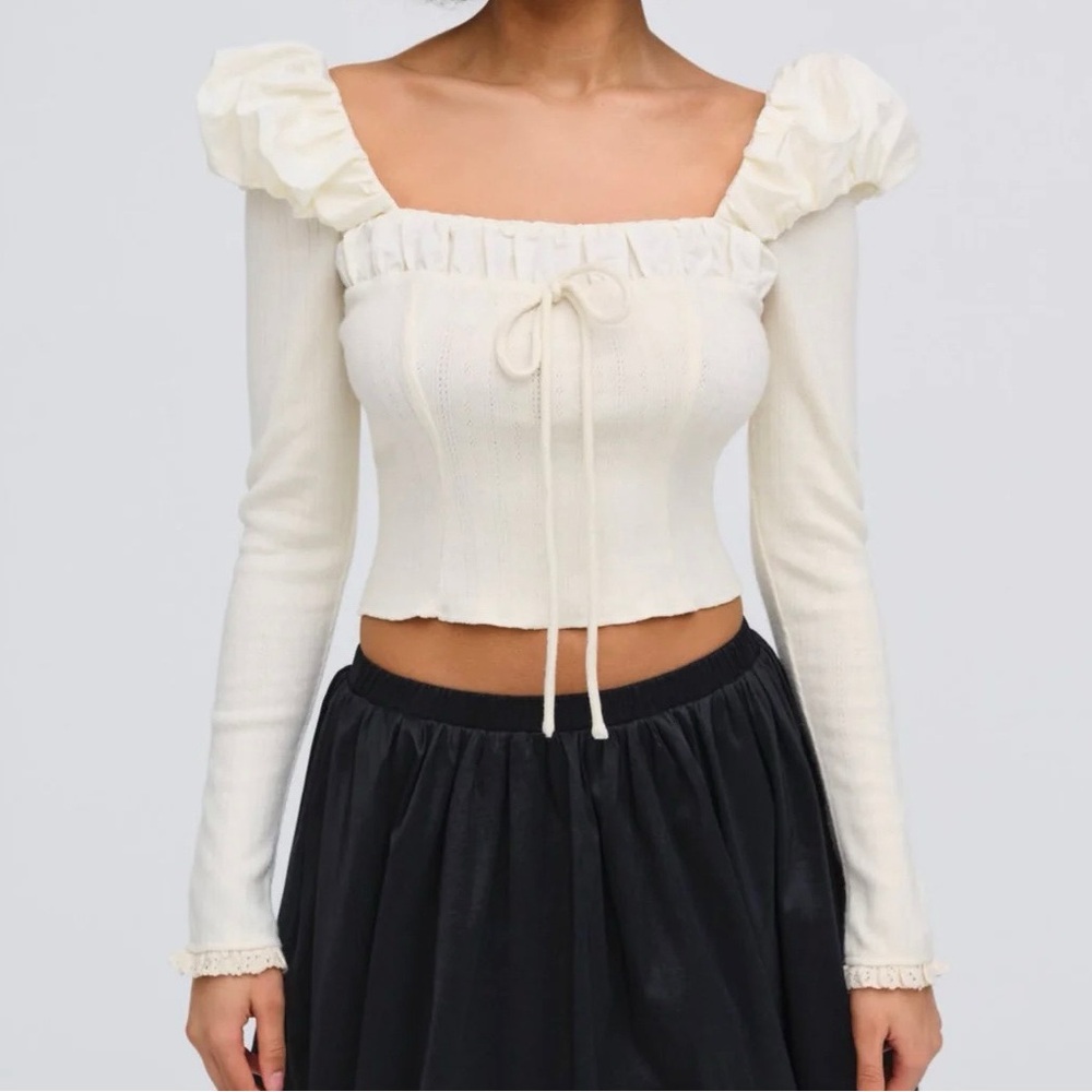 For Love And Lemons Cream Ruffled Puff Sleeve Crop Top